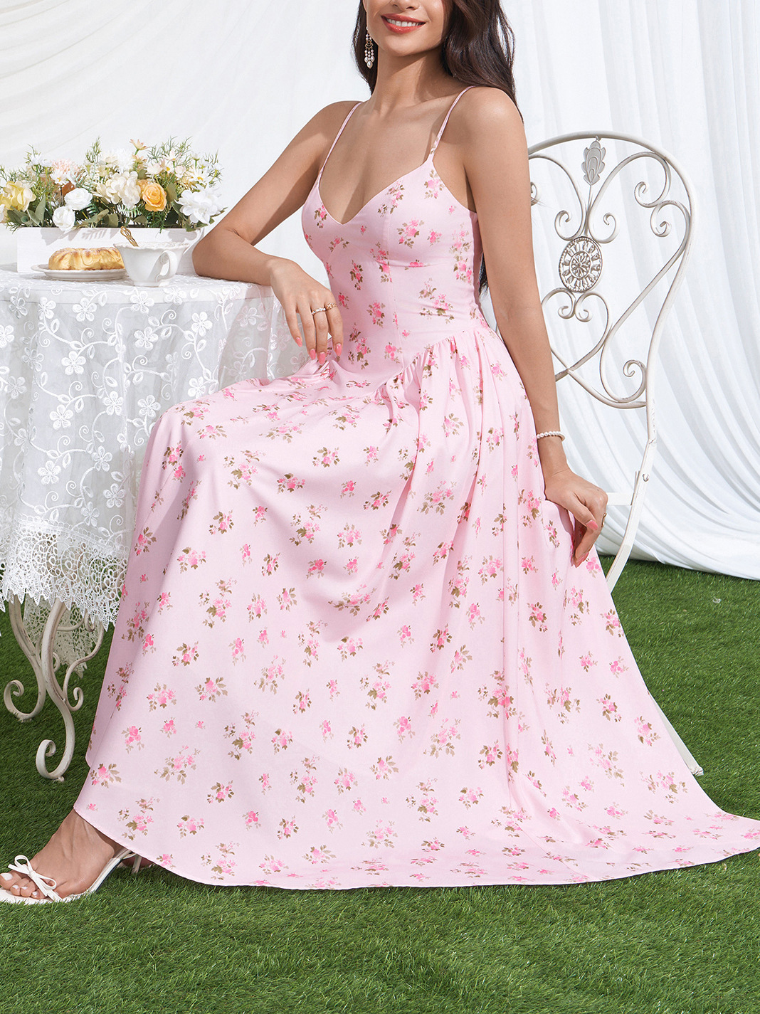 long casual summer dresses Women's Hem Sundress: Elegant Sleeve Maxi Dress This is a pink silk dress with a white floral pattern RUMIA Maxi Dresses for Women