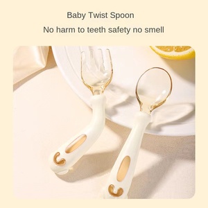 Venta al por mayor de vajilla de patrón sólido <span class=keywords><strong>para</strong></span> bebé, cuchara de suplemento alimenticio de aprendizaje, tenedor de entrenamiento <span class=keywords><strong>para</strong></span> bebé, traje de cuchara se puede doblar Material PP - Product Image 3