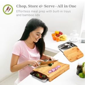 Tabla de Cortar de Bambú para Barbacoa de Alta Calidad con Canasta para Asar de Acero Inoxidable y 2 Bandejas Recolectoras de Migas de Acero Inoxidable, Práctica - Product Image 2