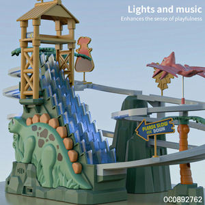 Juego de Pista de Carreras de Dinosaurios para Niños con Escaleras, Luces y Música, Juguete de Montaña Rusa, Tobogán y Pista de Autos - Product Image 5