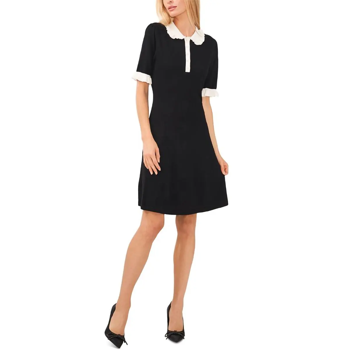 Shop Black Dresses White Collar Faux Pearl Buttons Flared Cuffs Black Friday Special Women's Cotton Short-Sleeve Polo Dress