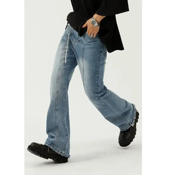 Japanese and Korean Washed Boot Cut Jeans Loose Micro Flares Street Raw Edge Jeans for Men