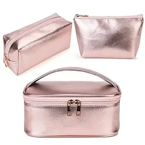 Custom Metallic Pink Leather Cosmetic Gift Debossed Logo Pu Professional Makeup Beauty Bag