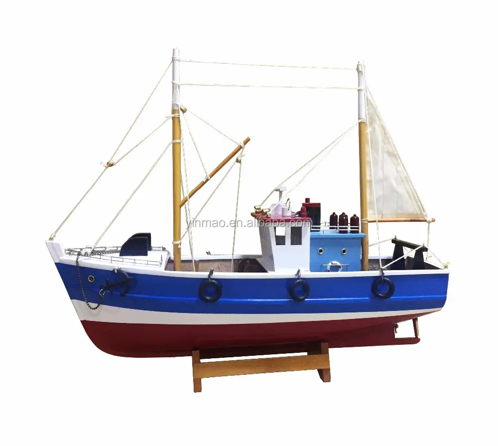 帆付き木製漁船モデル、40x12x35cm、ブルーフィッシング帆船モデル、手作り船ヨットモデル