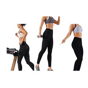 Leggings de sport taille haute sans couture respirants pour femme, longueur intégrale, noirs unis, compression, tricotés, 220g - Product Image 3