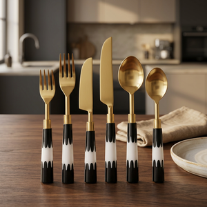Ensemble de couverts élégants en acier inoxydable avec manches en résine noire et blanche, service de table moderne fabriqué en Inde, fournisseur - Product Image 3