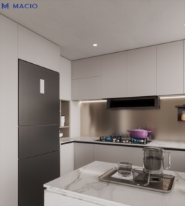 Cocina Compacta para Apartamento MACIO con Gabinetes Grises Mate y Panel de Pared de Mármol Oscuro, Pedido al por Mayor para Cocinas Residenciales - Product Image 2