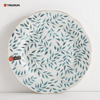 Service de vaisselle en porcelaine fine, motif floral nordique, feuille verte classique, bord doré moderne, pour mariage