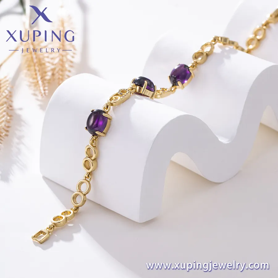 X000925435 Xuping đồ trang sức màu tím Zircon hạt chuỗi vòng đeo tay thời trang đơn giản 14k Màu Vàng Vòng đeo tay