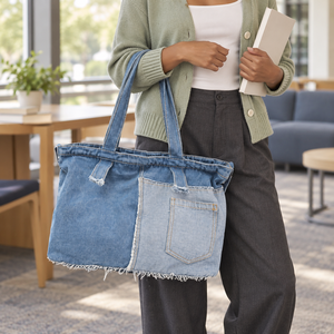 Bolsa <span class=keywords><strong>de</strong></span> compras <span class=keywords><strong>de</strong></span> mezclilla con borde sin rematar y cierre <span class=keywords><strong>de</strong></span> cremallera, <span class=keywords><strong>de</strong></span> gran capacidad y tela azul claro para tiendas departamentales - Product Image 3