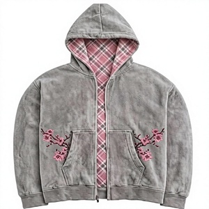 Sudadera con Capucha Unisex Gris de Forro Polar con Bordado Floral Rosa, Corte Holgado, Cierre de Cremallera, Reversible de Doble Cara, Poliéster/Algodón, Estilo Urbano, Invierno - Product Image 3