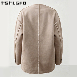 Chaqueta de ante vegano reversible para hombre, verde oliva, con costuras sin rematar, doble cara, para invierno, venta al por mayor - Product Image 4