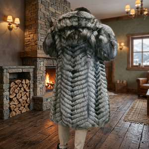 Men's & Women's Waterproof Thick Velour Fluffy Collar Genuine <b>Silver</b> Fox Fur Overcoat - Product Image 3