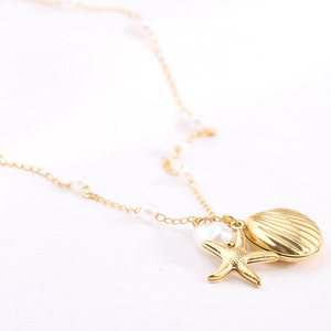 Collar de Perlas con Colgante de Concha y Estrella de Mar Dorada, Cadena Larga, Tema Playero, para Uso Diario - Product Image 2