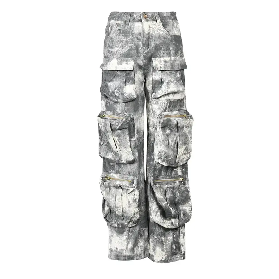 Manufacturer Straight Handsome Smoky Grey Jeans With Multiple Pockets Women Full Length Denim Cargo Pants