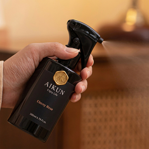 Aikun Black <b>Box</b> 200ML Round Plastic Bottle Metal Badge Custom Scent Long Lasting Fragrance Spray <b>Gift</b> Set for Home Decor Store - Product Image 3
