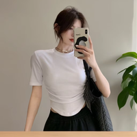 T-shirt tricoté uni respirant à manches courtes et épaulettes pour femme, style décontracté, plissé, décolleté, idéal pour l'été