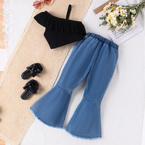 Abbigliamento Estivo per Bambine, Stile Europeo e Americano, Top con Spalle Scoperte e Pantaloni in Denim con Fiocco - Product Image 4