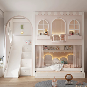 Bộ giường tầng trẻ em chất lượng cao, giường tầng công chú<span class=keywords><strong>a</strong></span> cho bé gái, giường tầng đôi bằng gỗ cho trẻ em có cầu trượt - Product Image 5