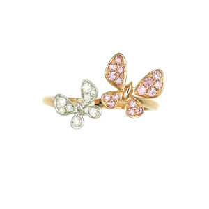 18K Two-Tone Gold Pink Sapphire & Diamond Pave Double <b>Butterfly</b> Open Ring Romantic <b>Light</b> Luxury Jewelry For Women - Product Image 1