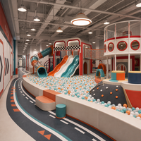 Aire de jeux intérieure avec piscine à balles rouge et turquoise, toboggan tubulaire, piste de course et aménagement multi-zones pour les exploitants de centres de divertissement familial (FEC)