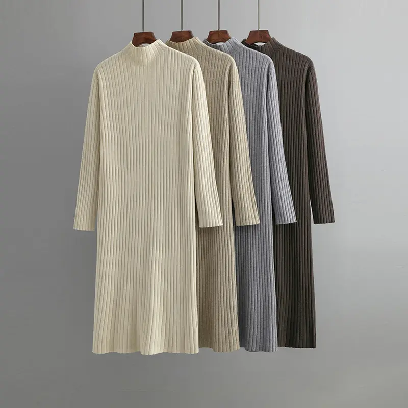 Wholesale 2023 New Autumn/Winter Comfort Half High Collar Mid Length Style Sweater Long Dress Women's Dress