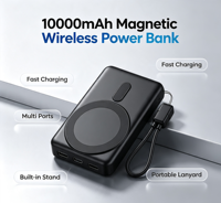 Batterie externe magnétique sans fil 10000mAh, charge rapide PD 22.5W, affichage LED numérique, support intégré, cordon de charge, logo personnalisé
