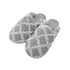 Plaid Pattern Warm Home Slip On Round Toe Non-slip Fluffy Soft Sole Slides Slippers Comfy Fur Lined Plush Indoor Cozy Slippers