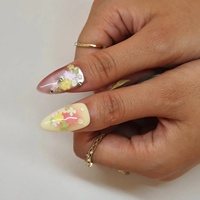 Faux ongles à presser en acrylique, forme amande, French manucure, avec fleurs 3D en strass et estampage doré, finition brillante/mate, personnalisables pour fêtes et vacances