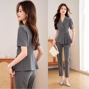 Women's Grey Short Sleeve Suit Set Summer Formal Breathable Polyester Women's Wear - Product Image 1