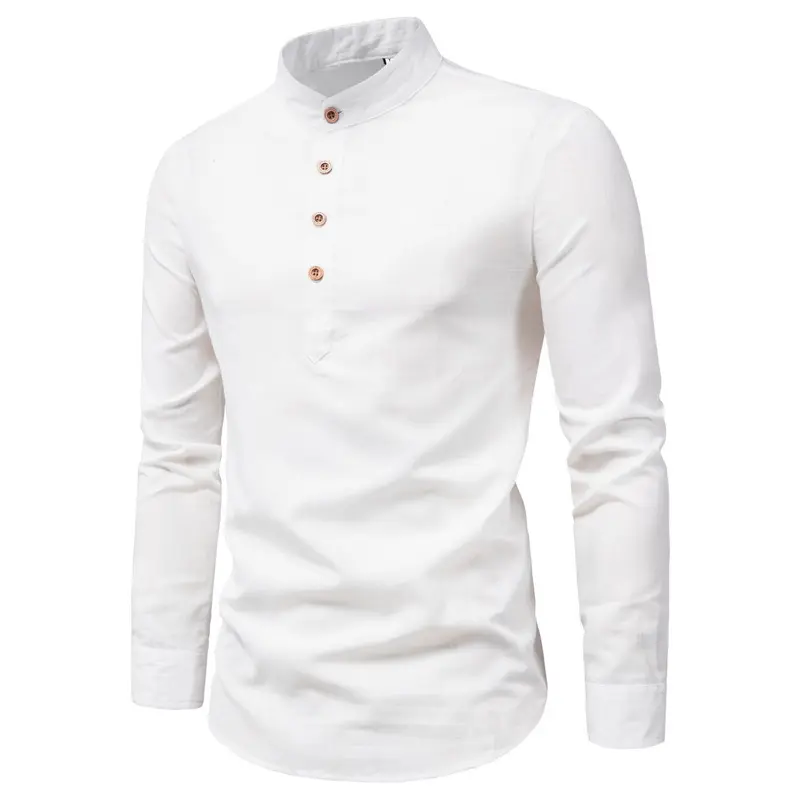 Men's spring and autumn cotton and linen long-sleeved shirts Stand-up collar solid color business office uniform casual shirt