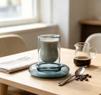 Ensemble tasse et soucoupe assortis en verre borosilicate double couche gris fumé, design classique, 110 ml, écologique, pour café/thé
