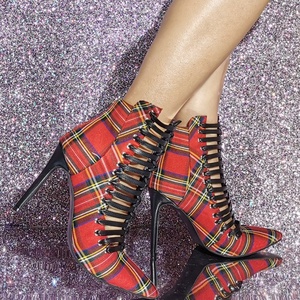 Retro Red Plaid Women Front Cut Out Sandals Big Size 47 High Heels Shoes Summer Short Boots Big Feet Ankle <b>Booties</b> - Product Image 6