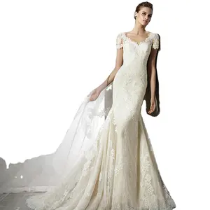 Elegant Court Train Lace Appliques Mermaid Wedding Dresses Short Sleeve Embroidery Bridal Dresses Plus Size Made Custom
