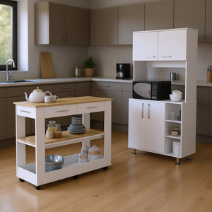 Ensemble îlot de cuisine et armoire Nadina blanc avec dessus en chêne clair, 4 portes, 2 tiroirs, design moderne pour rangement de cuisine - Product Image 2