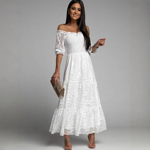 Vestido midi de encaje con hombros descubiertos, blanco, elegante, vestido de novia para mujer, con patrones 3D, cintura natural, cuello redondo, cremallera frontal - Product Image 1