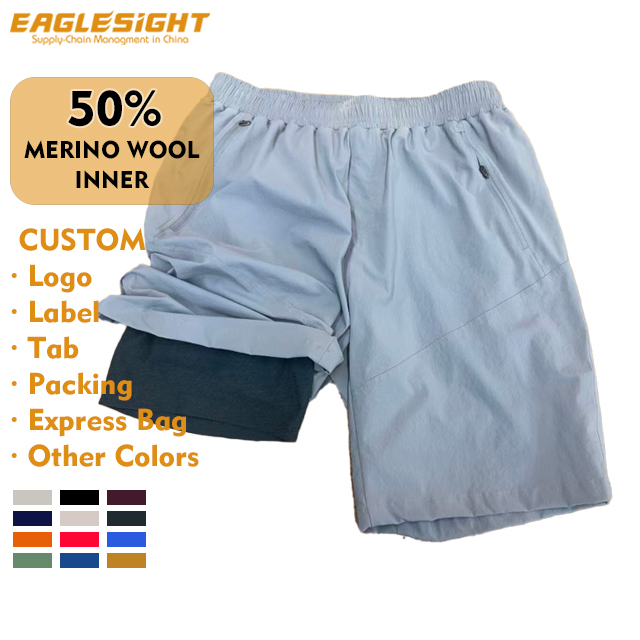 Men's 2-in-1 Nylon Elastane Sports Shorts With Merino Mesh Lining OEM Factory Supply 90% Nylon Outer 50% Merino Wool Inner