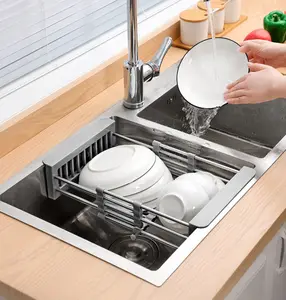 Toptan kurutma standı mutfak tek-RAYBIN mutfak güncellendi 2-in-1 bulaşık kurutma teleskopik lavabo depolama raf tutucu sepet