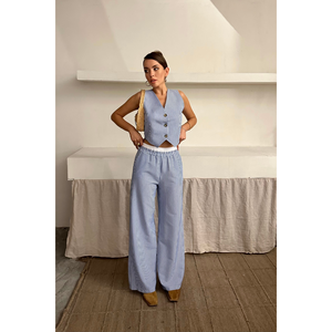 Blue WAFFLE-STRIPED Casual 2-Piece Lady's Vest <b>Trouser</b> <b>Set</b> XS Size Loose Fit Knee Length Summer Short <b>Tops</b> Shorts Pants Woven - Product Image 6