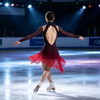 Robe de compétition de patinage artistique rouge bordeaux dégradé, col montant halter, dos ouvert ajouré, jupe asymétrique, ornée de strass