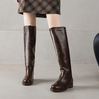 Bottes d'équitation d'hiver en cuir véritable à bout rond, à talon épais et hauteur genou