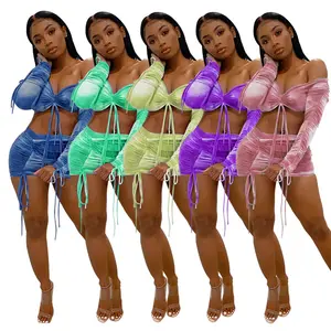 Fashion Summer 2020 Sexy Crop Top Low Cut Vneck Ruffles Drawstring Long Sleeve and Bodycon 2 Piece Skirt Sets for Women Clubwear