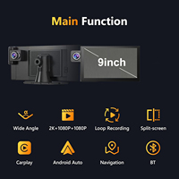 Caméra de tableau de bord à trois voies 2.5/4K 9 "Portable Carplay Android Auto Stereo 1080p Caméra de recul GPS Navi Mirror Link Voice Car Black Box