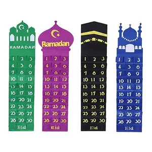 30 days Green Mosque Felt Ramadan Advent Calendar with Pockets & moons and star cutouts for Islamic holiday