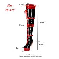Bottines sexy en cuir PU, noires et rouges, avec boucle, au-dessus du genou, talons aiguilles, chaussures grandes tailles, plateforme, talons hauts, bottes pour femmes
