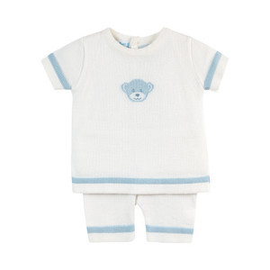 Personalizado de verano recién nacido de manga corta conjunto de punto de cuello redondo oso de peluche con botón de camisa y pantalones 2 uds bebé niños niñas traje de algodón - Product Image 2