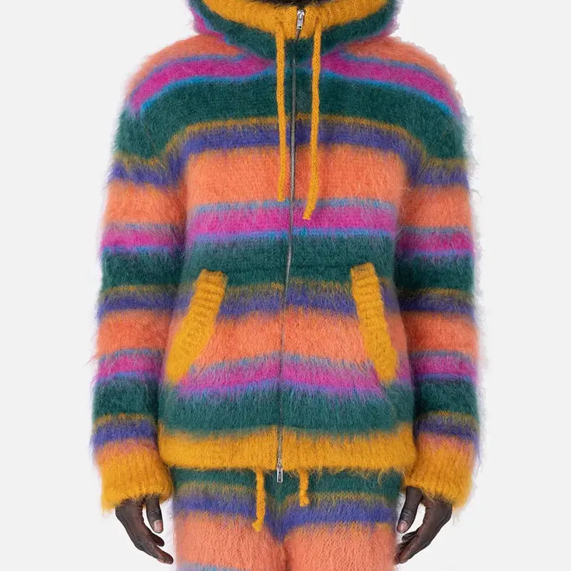 OEM Winter Custom LOGO Warm Thick Fuzzy Striped Pullover Hooded Oversized Knit Cardigan Oversized Mohair Men's Sweater