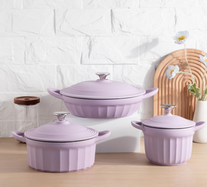 <b>Soup</b> Cooking <b>Pot</b> Wholesale Custom Lilac Purple Ribbed Ceramic Cookware Set, Stoneware Casserole & Dinnerware, Free Design Logo - Product Image 4