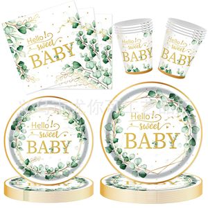 Ensemble de vaisselle de fête en feuilles d'eucalyptus Hello Sweet Baby, assiettes en papier, gobelets, serviettes, fournitures jetables pour baby shower - Product Image 1