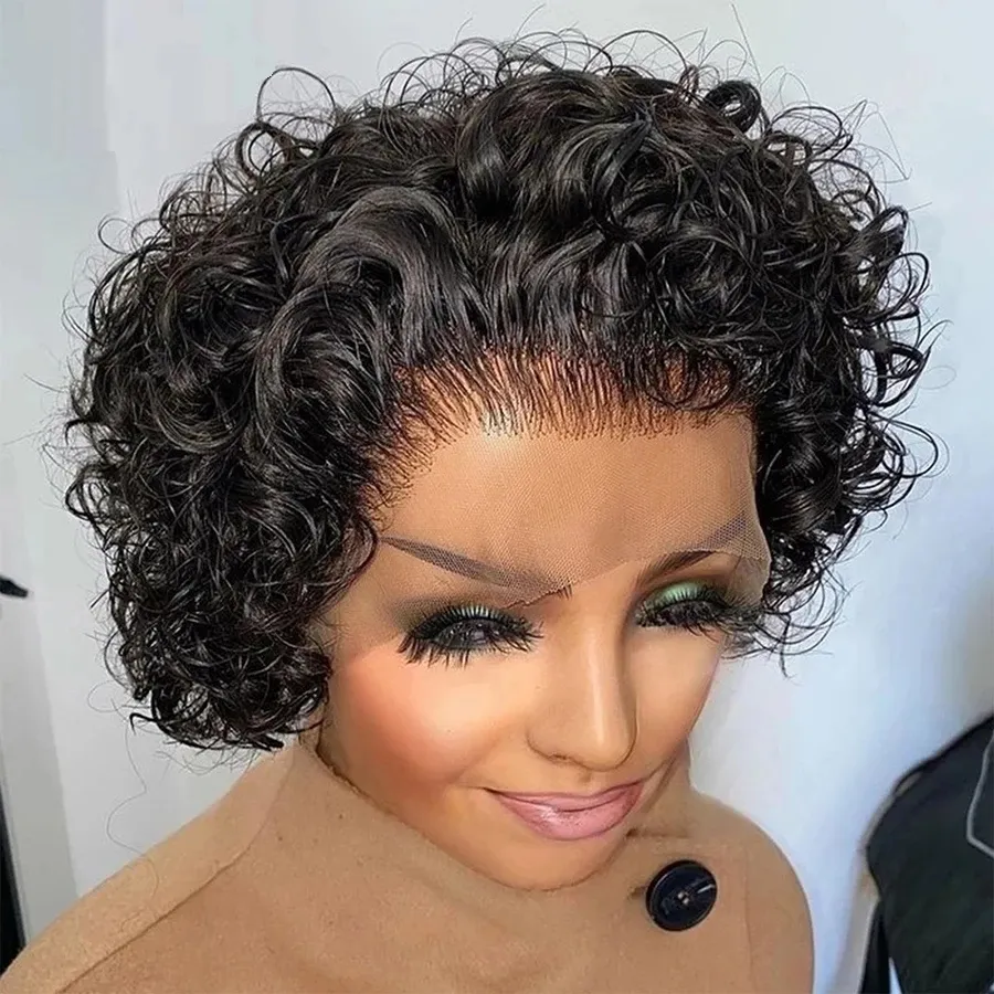 Short Bob Pixie Cut Wig Human Hair Deep Wave Frontal Wig Wet and Wavy Glueless Curly Lace Front Wig 100% Human Hair 6"-8"